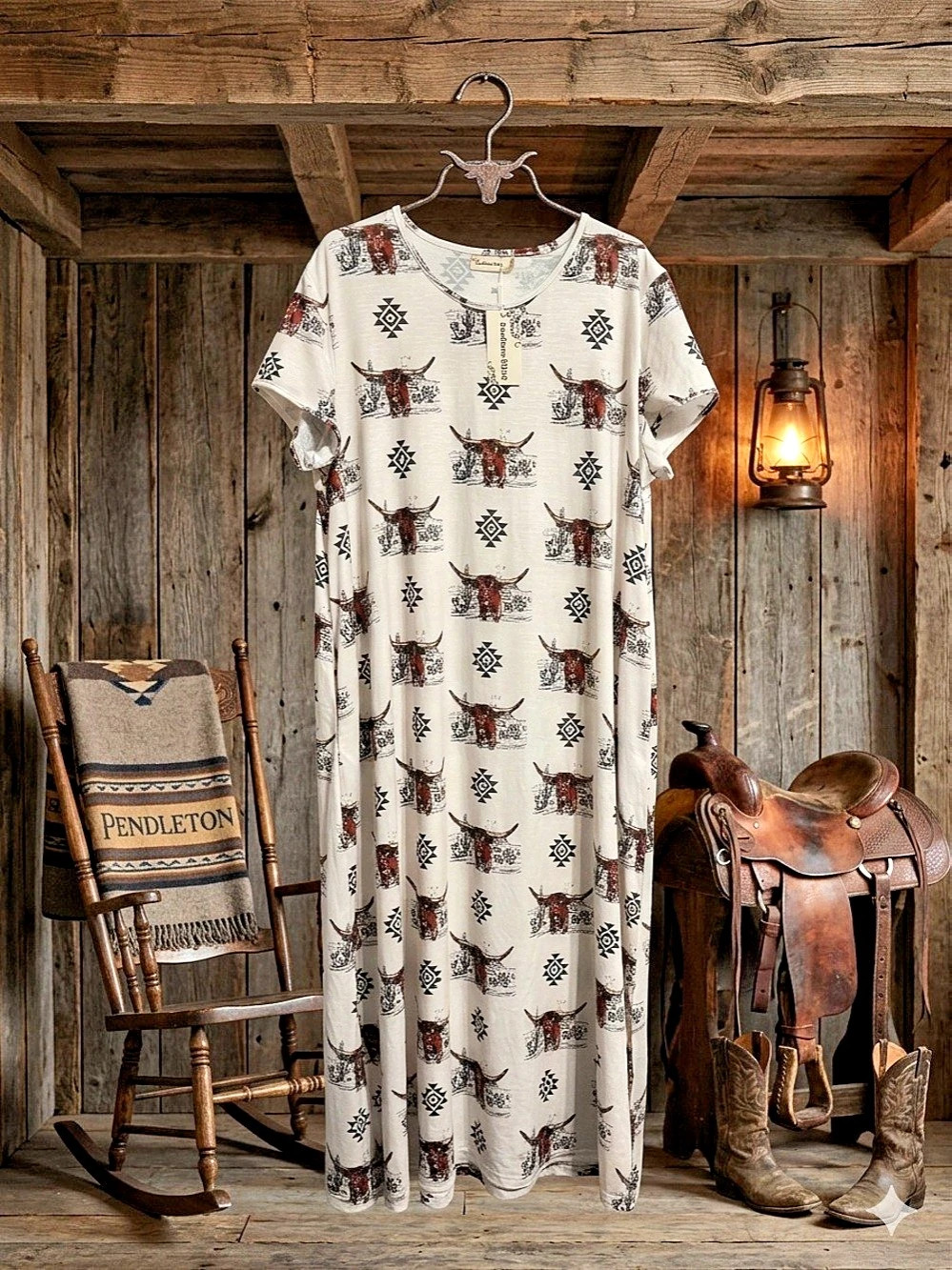 Southern Stitch Long Sleeve Maxi Dress in White & Brown XL NWT